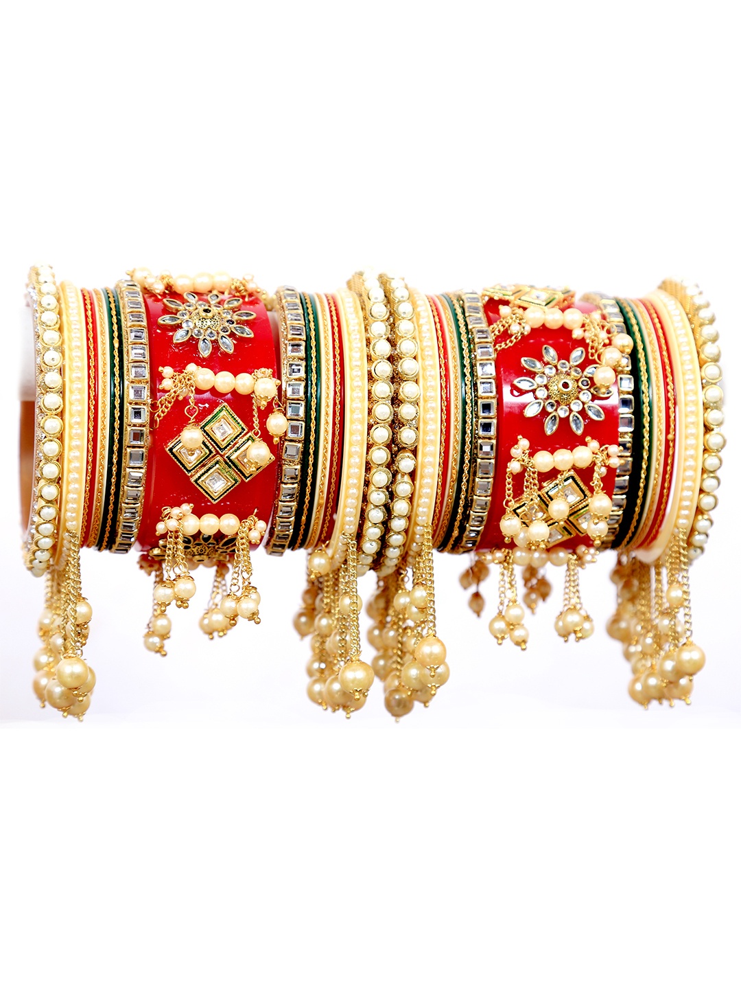 

Zindura Set of 2 Gold-Plated Stone-Studded & Beaded Chuda Bangles With Hangings