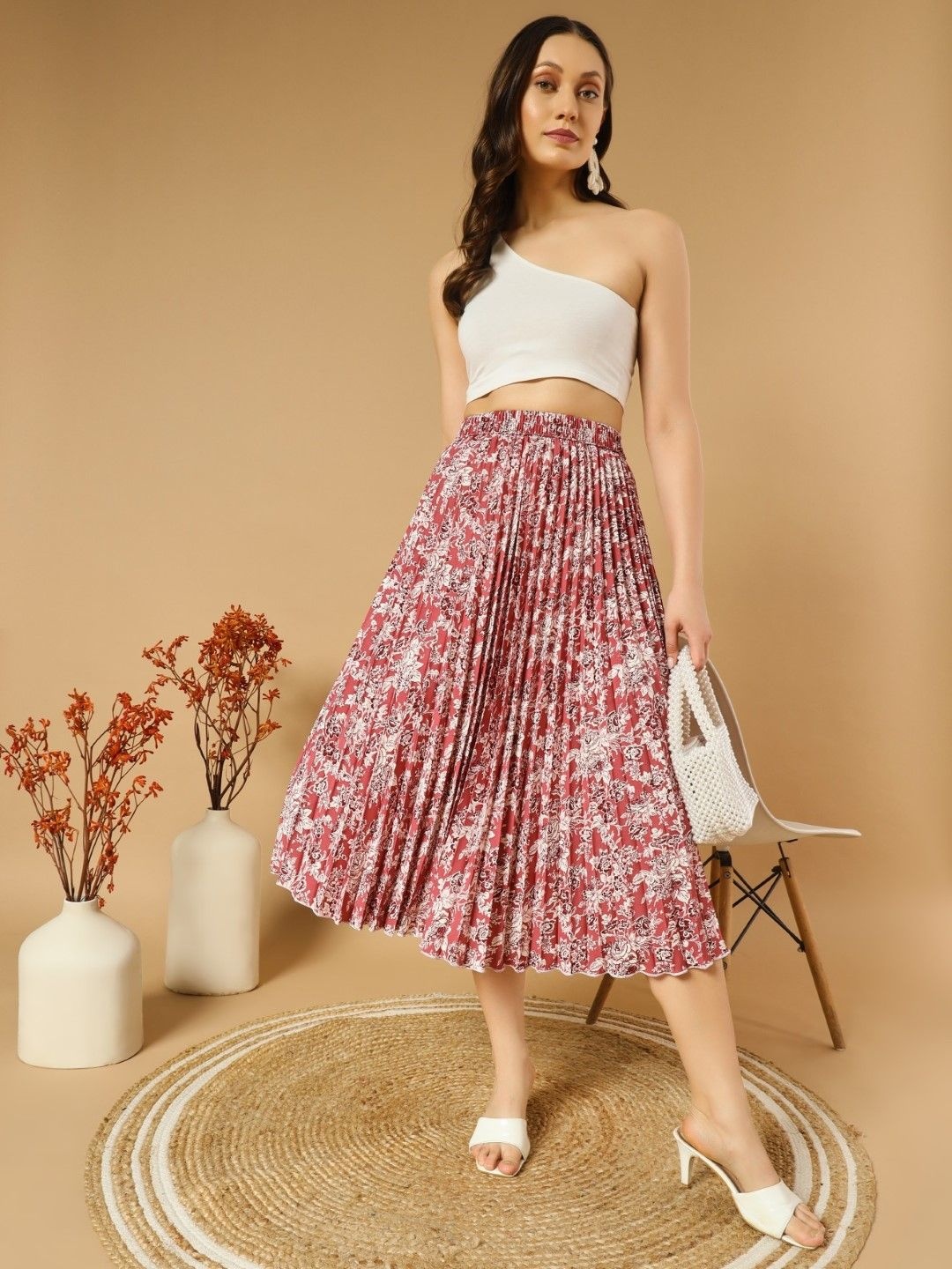 

Raiyani Enterprise Women Floral Printed Accordion Pleated Midi A-Line Skirt, Pink