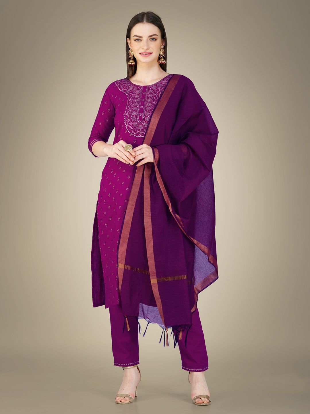 

HI FI NX Women Paisley Embroidered Regular Kurta with Trousers & With Dupatta, Purple