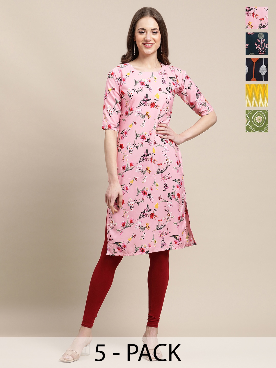 

7Threads Selection Of 5 Floral Printed Straight Kurta, Pink
