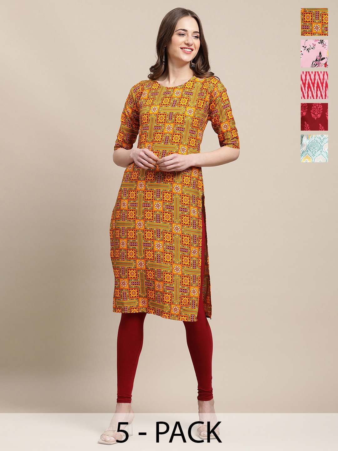 

7Threads Selection Of 5 Floral Printed Round Neck Straight Kurta, Orange