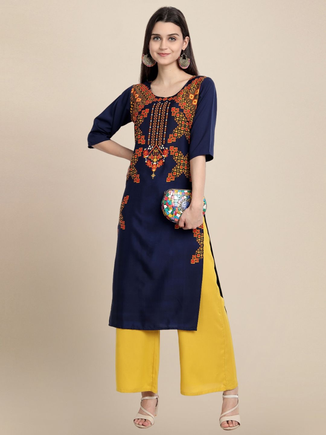 

7Threads Women Ethnic Motifs Printed Thread Work Floral Crepe Kurta, Navy blue