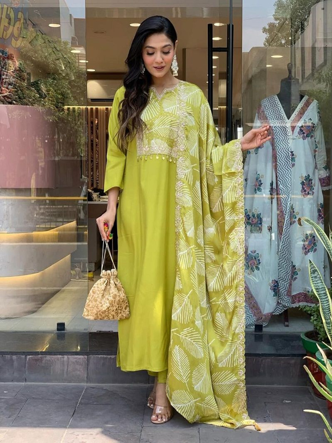 

KALINI Women Ethnic Motifs Regular Kurta with Trousers & With Dupatta, Lime green