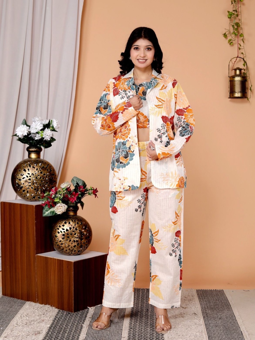 

ao services Printed Top & Trousers With Jacket Co-Ords Set, Cream