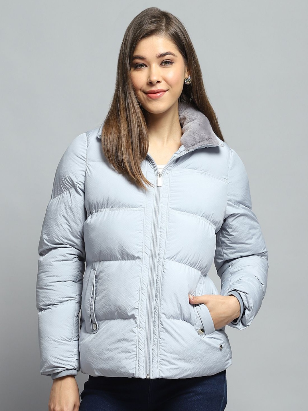 

Monte Carlo Mock Collar Solid Casual Lightweight Puffer Jacket, Grey