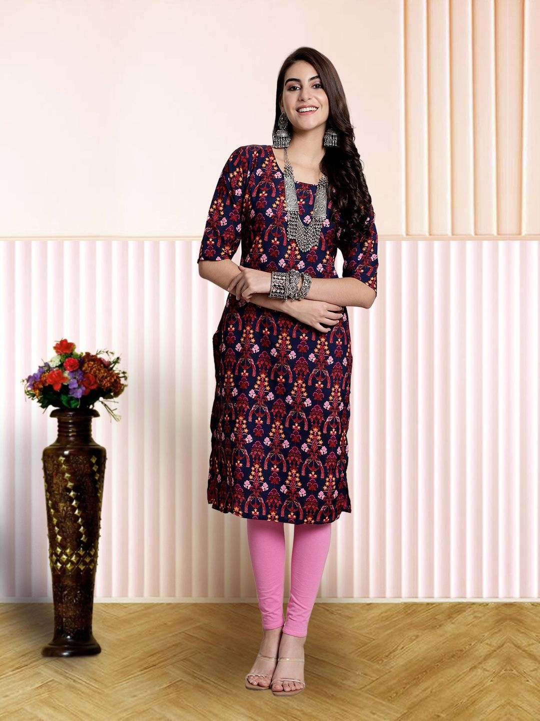 

7Threads Women Ethnic Motifs Printed Floral Crepe Kurta, Blue