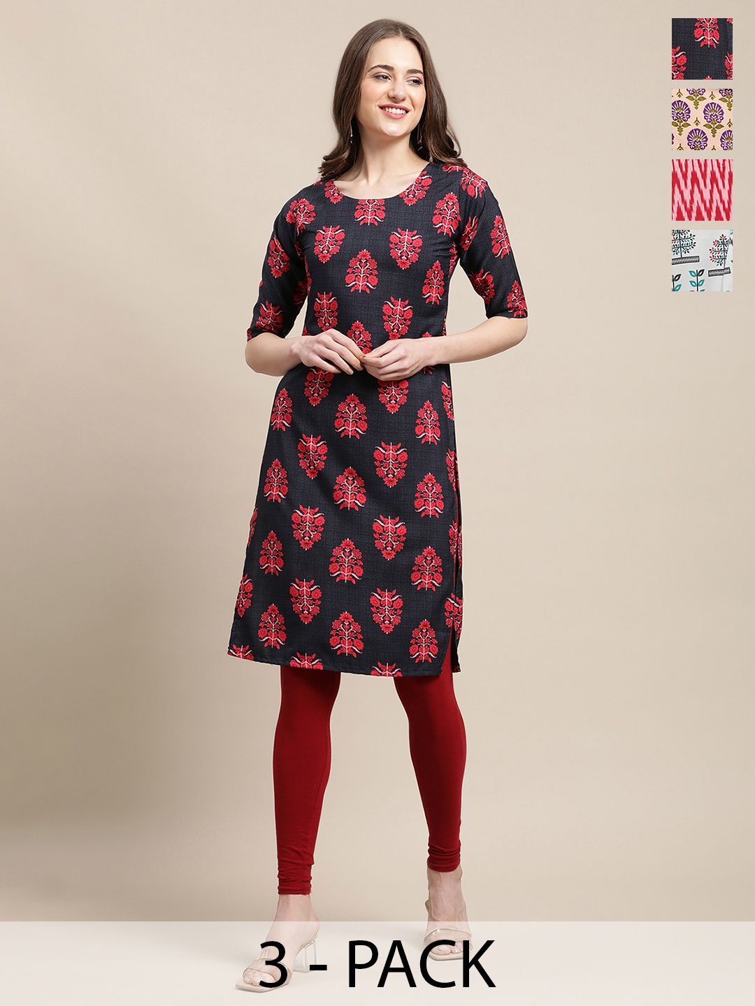 

7Threads Selection Of 4 Ethnic Motifs Printed Round Neck Crepe Straight Kurta, Black