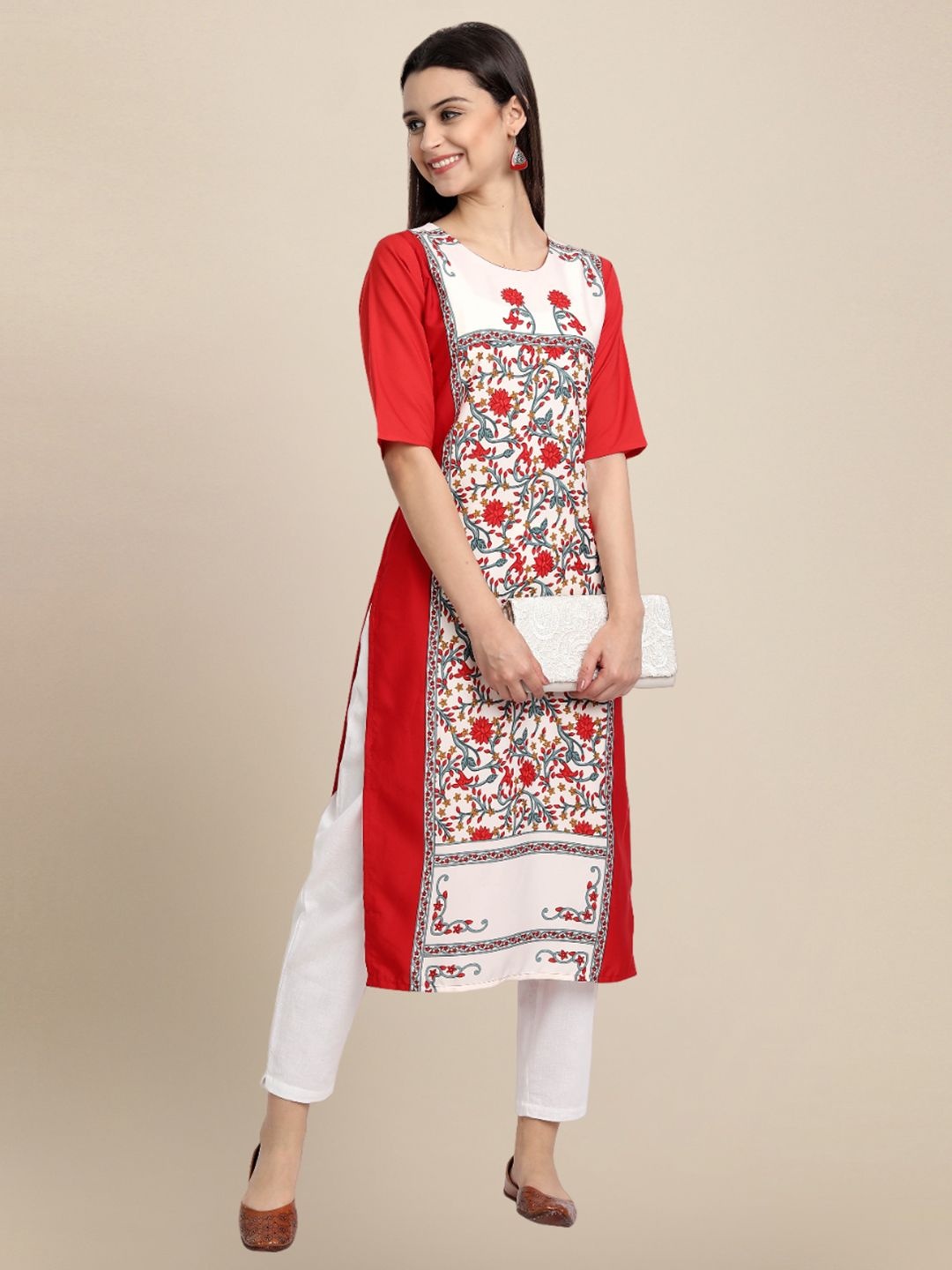 

7Threads Women Ethnic Motifs Printed Floral Crepe Kurta, Red