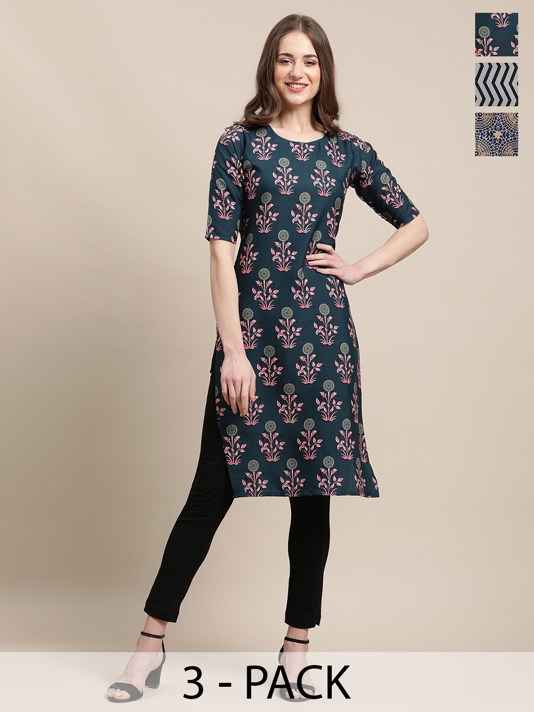 

7Threads Selection Of 3 Ethnic Motifs Printed Round Neck Crepe Straight Kurta, Green