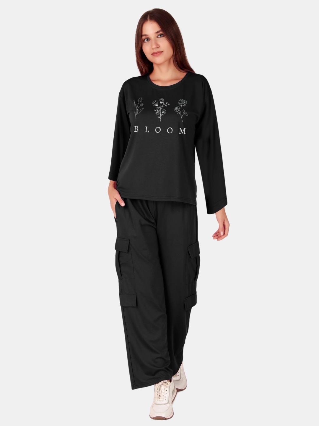 

Fasense Women T-shirt & Cargo Pant Co-Ords, Black