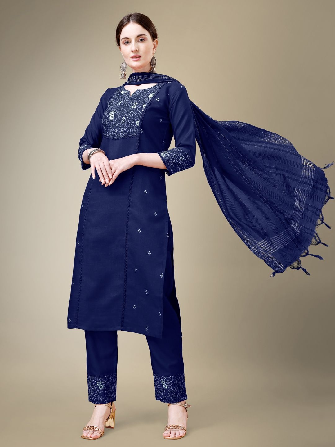 

HI FI NX Women Ethnic Motifs Embroidered Regular Kurta with Trousers & With Dupatta, Navy blue