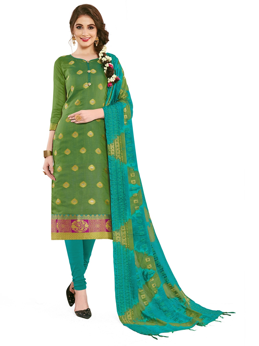 

Maroosh Ethnic Motifs Woven Design Banarasi Silk Unstitched Dress Material, Green