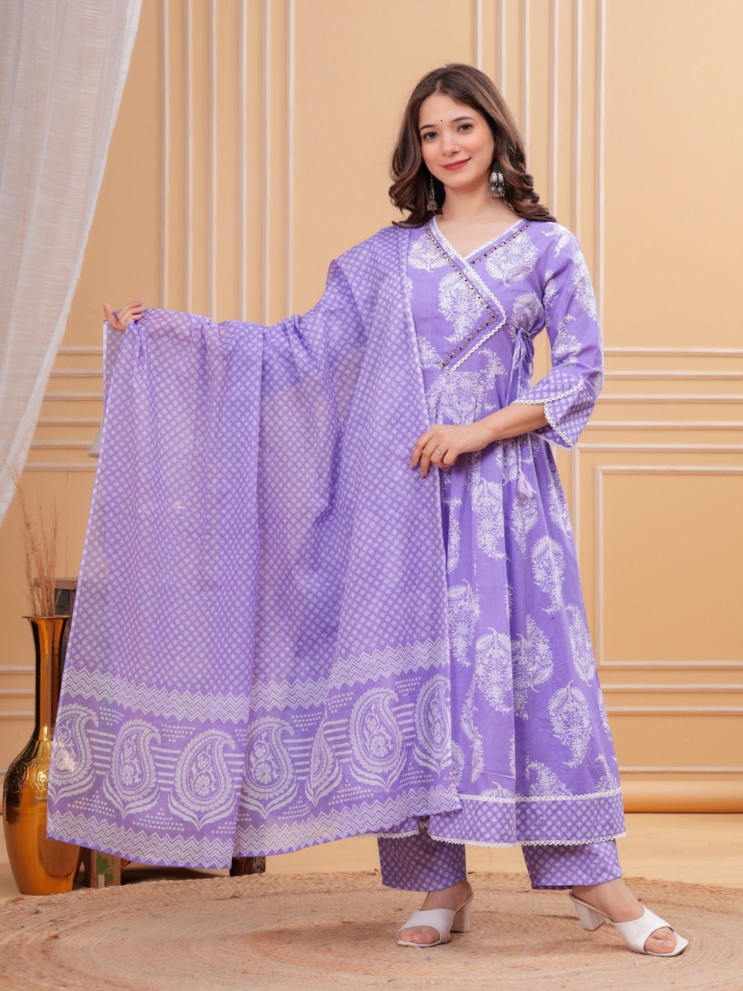 

PARTHVI Women Printed Regular Thread Work Pure Cotton Kurta with Trousers & With Dupatta, Purple