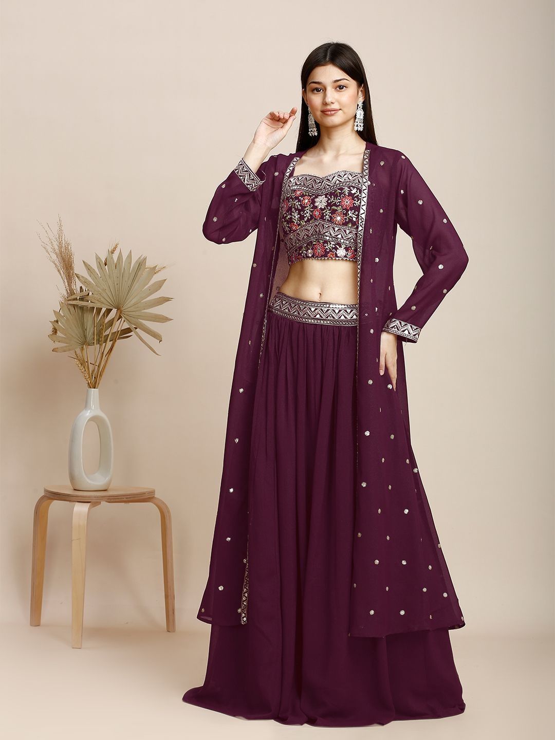 

MADHURAM Embroidered Square Neck Top Shrug With Skirts Co-Ords Set, Maroon