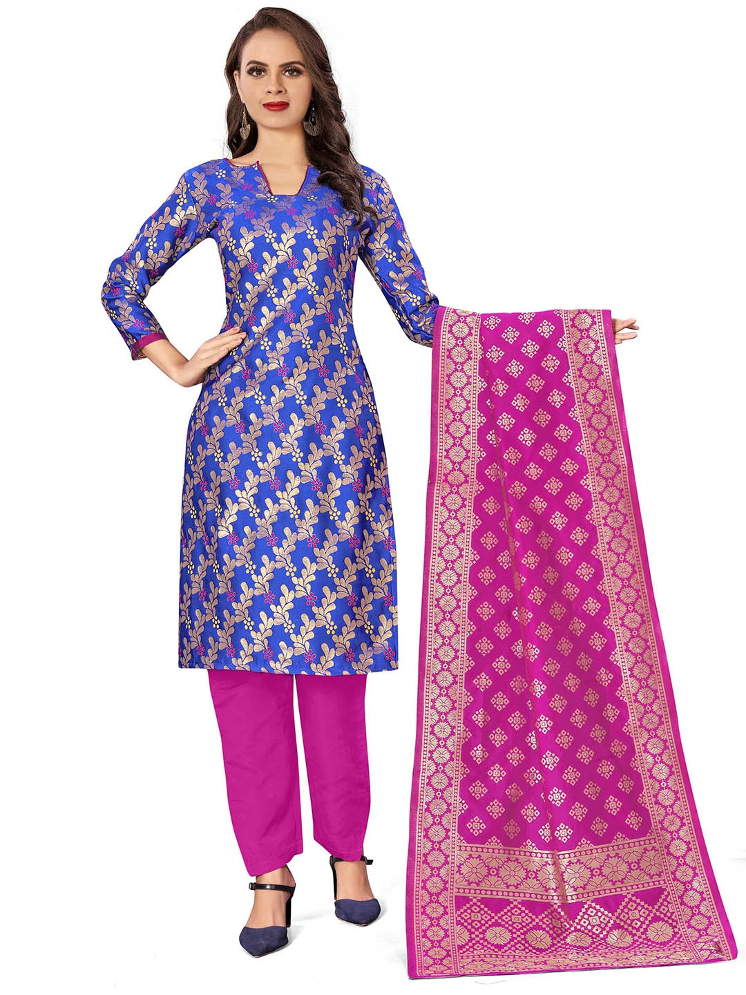 

Maroosh Floral Woven Design Banarasi Jacquard Unstitched Dress Material, Blue