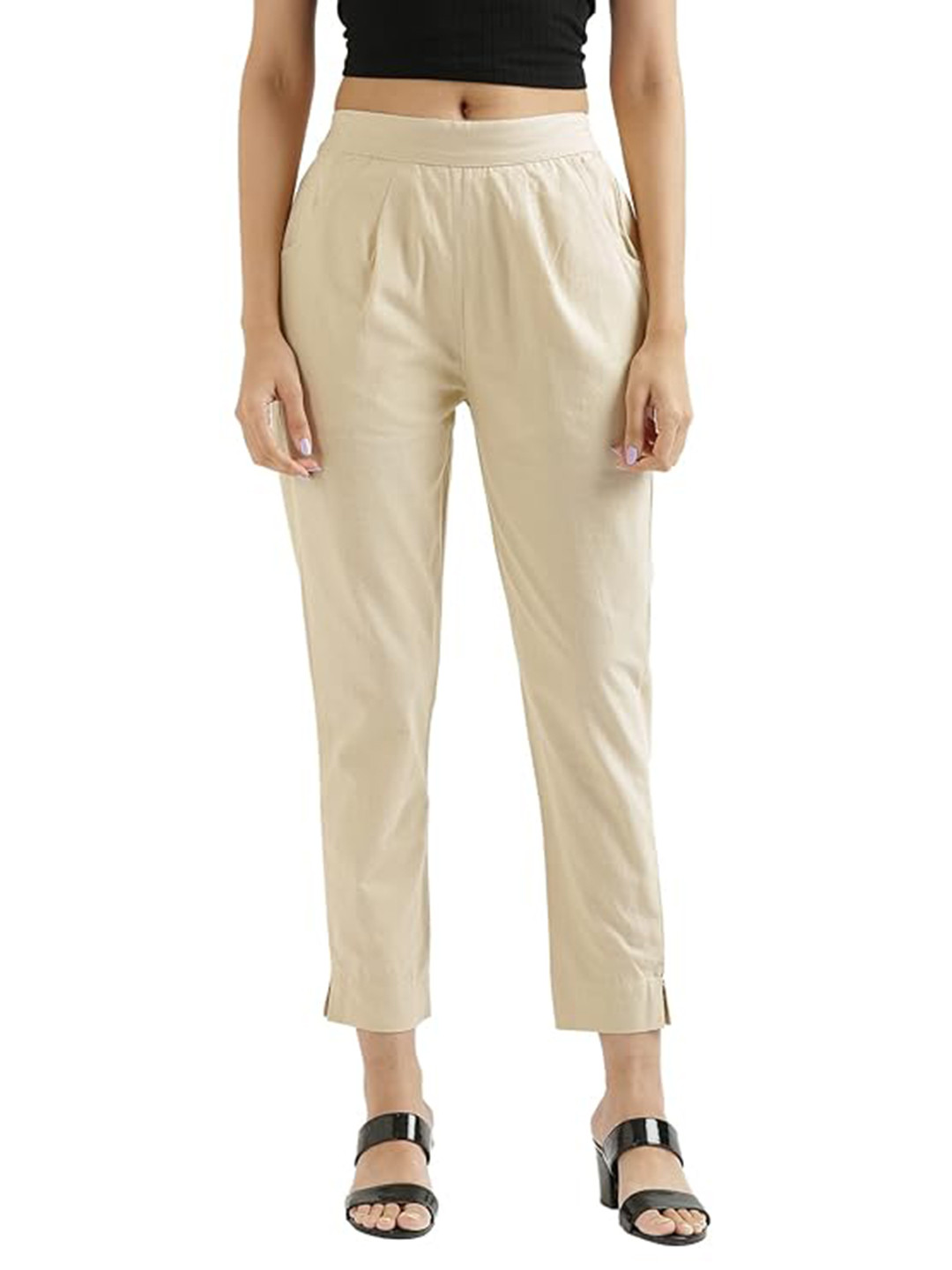 

MIRAYYA Women Relaxed Straight Leg Fit Mid-Rise Cropped Cotton Trousers, Beige
