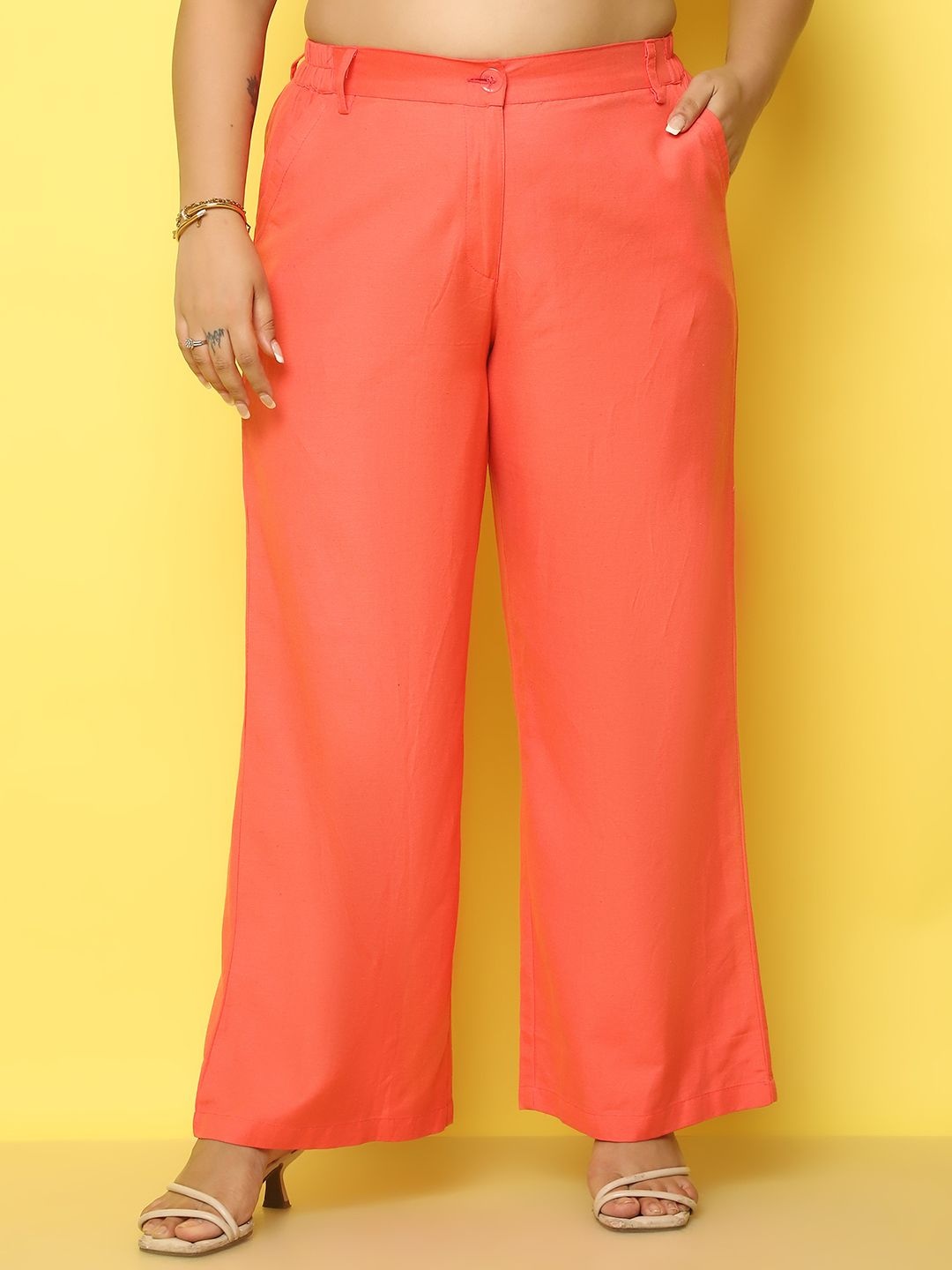 

theRebelinme Women Relaxed High-Rise Easy Wash Plus Size Regular Trousers, Coral