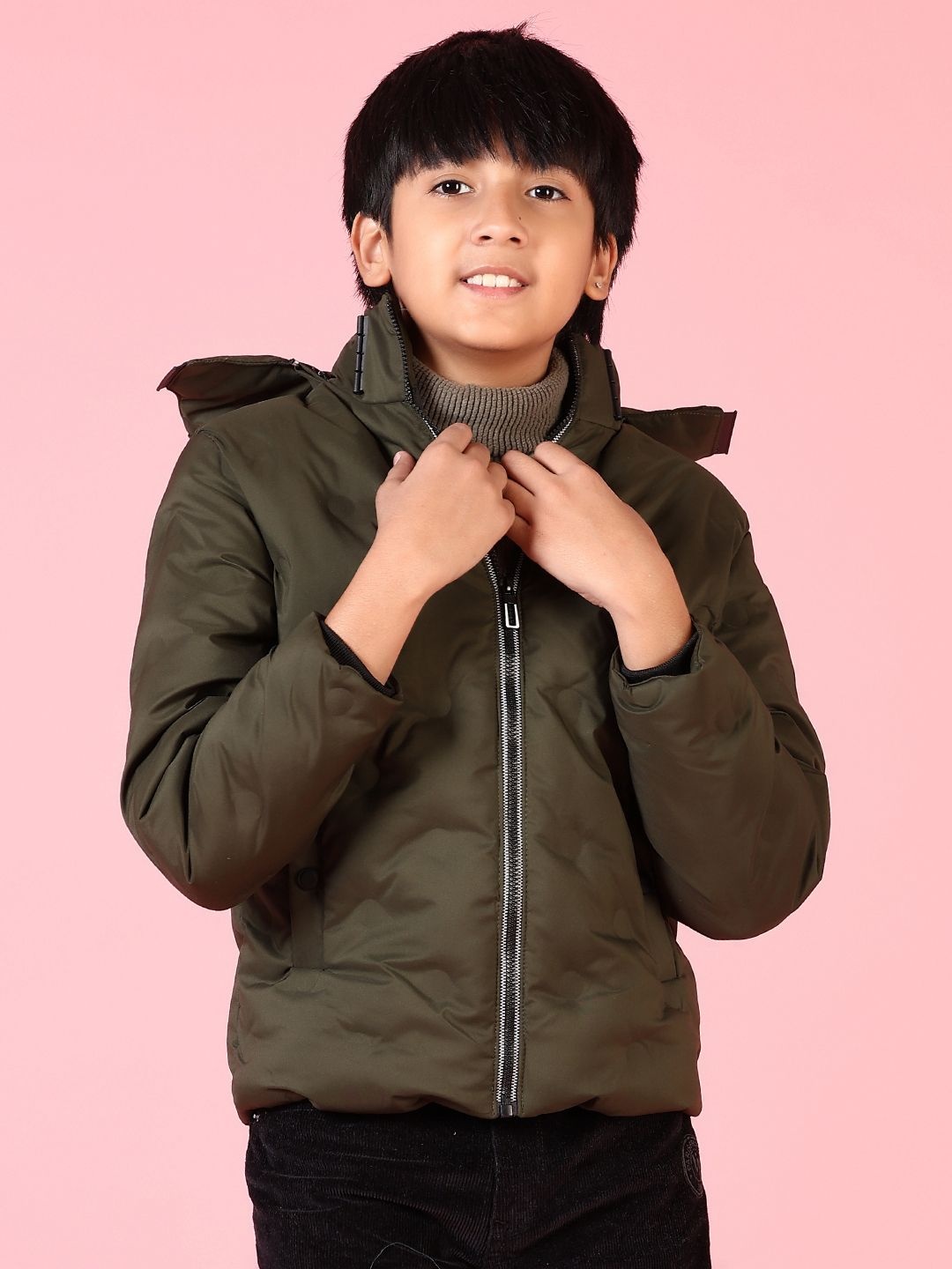 

V-Mart Boys Hooded Solid Cotton Casual Puffer Jacket, Olive