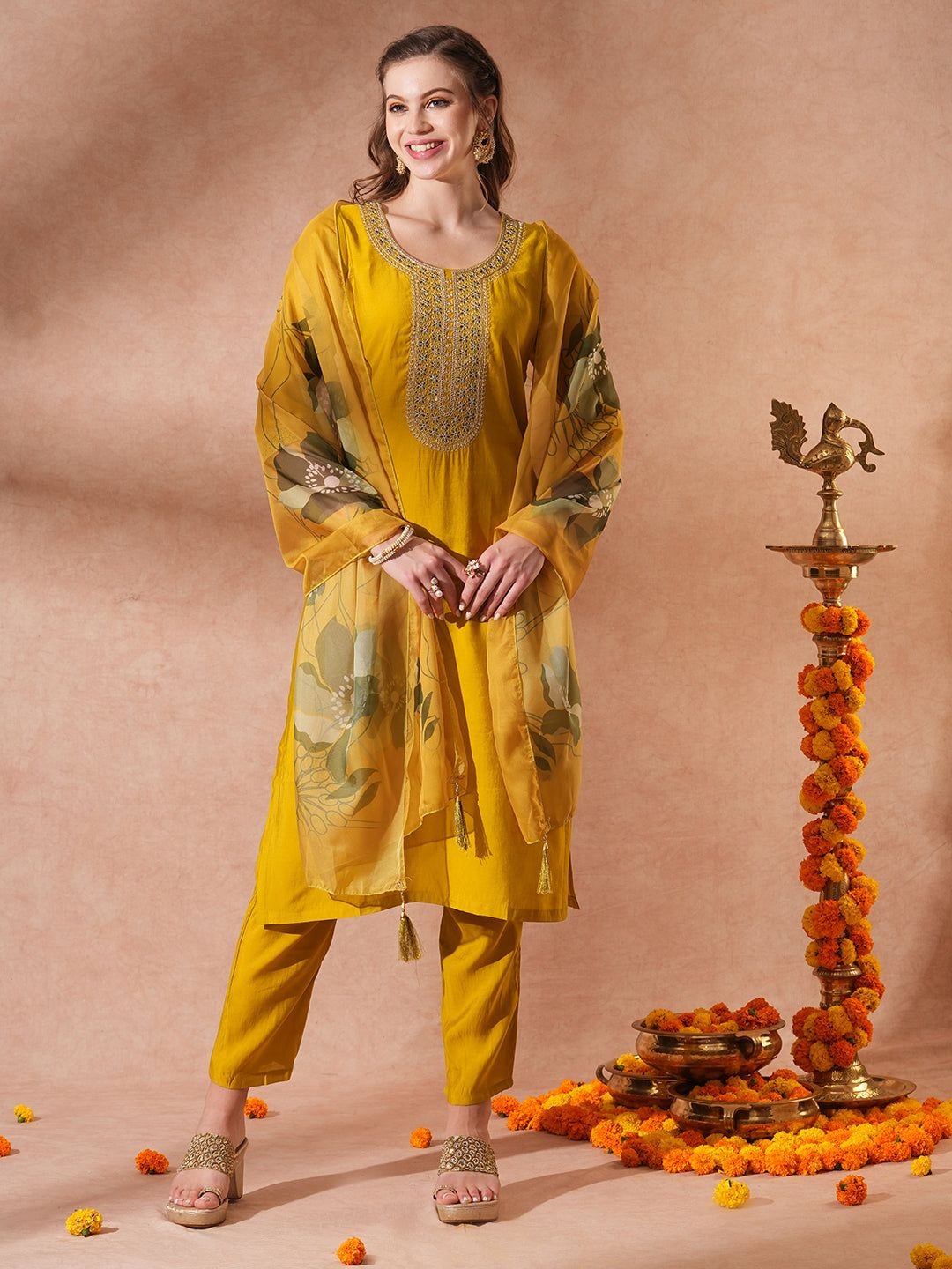 

PHYSIL Round Neck Floral Zari Embroidered Straight Kurta With Trousers & Dupatta, Yellow