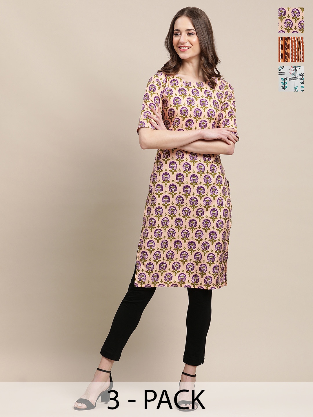 

7Threads Selection Of 3 Floral Printed Straight Kurta, Cream