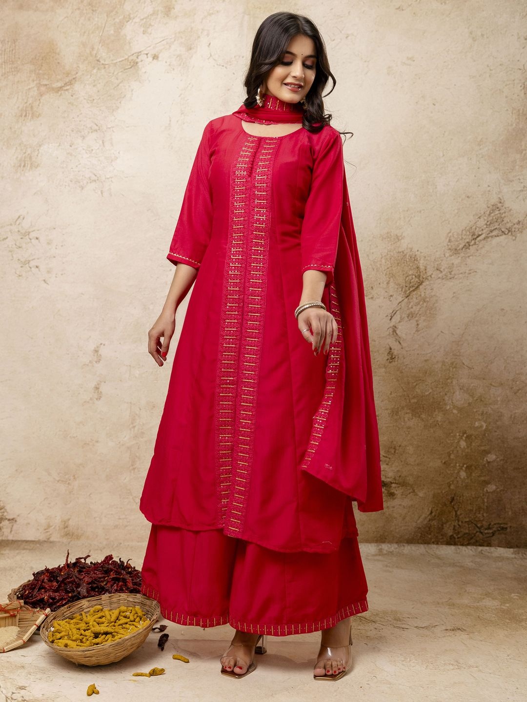 

VredeVogel Women Ethnic Motifs Embroidered Regular Thread Work Kurta with Palazzos & With Dupatta, Pink