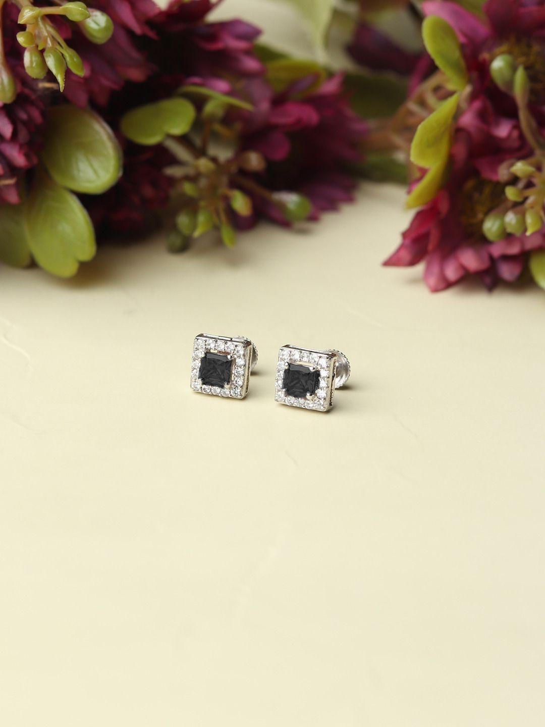

AKSHAT SAPPHIRE 92.5 Pure Sterling Silver Rhodium-Plated CZ-Stone Studded Square Studs