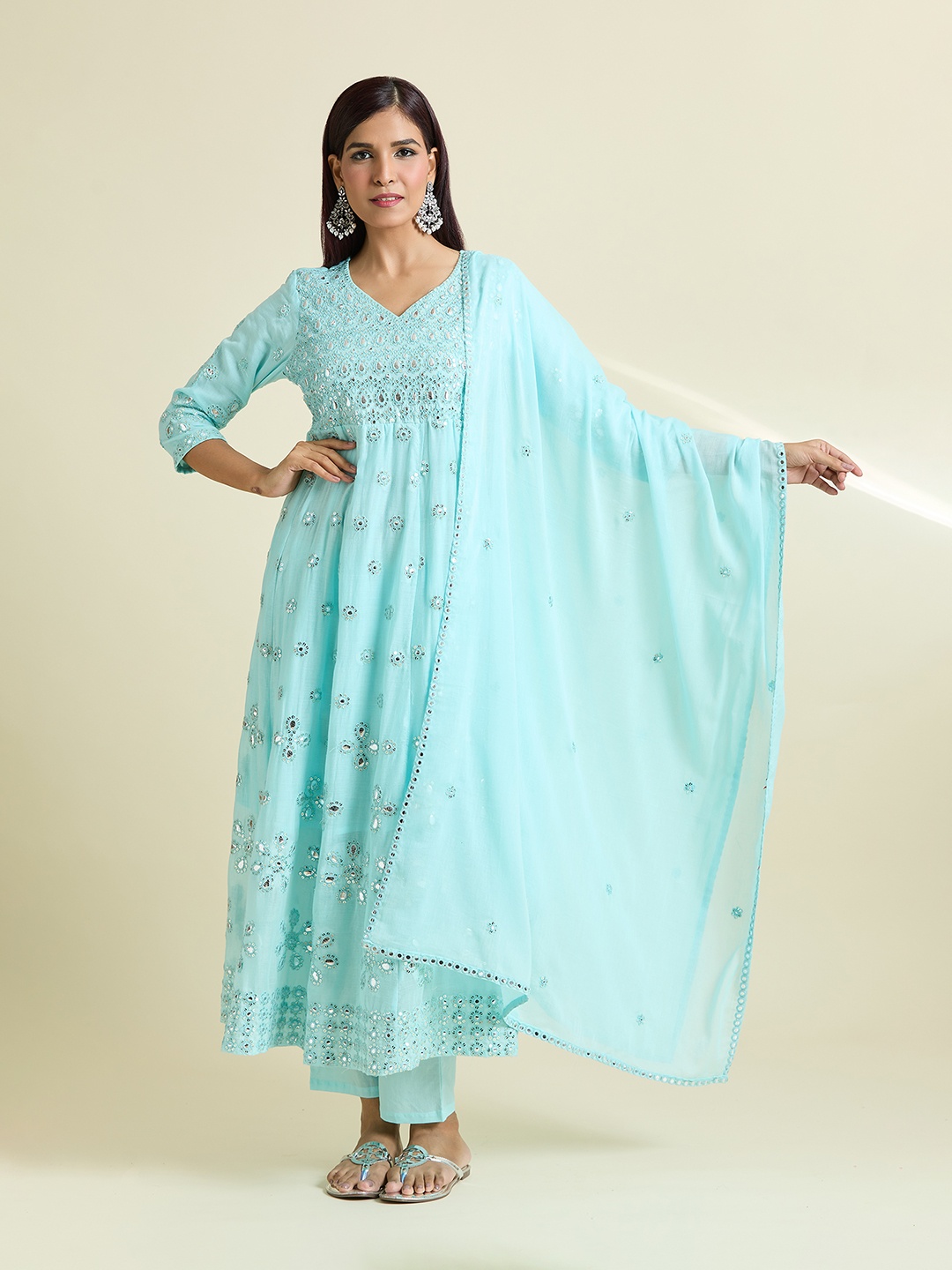 

Samyukta Singhania Women Ethnic Motifs Embroidered Empire Mirror Work Pure Cotton Kurta with Trousers & With, Blue