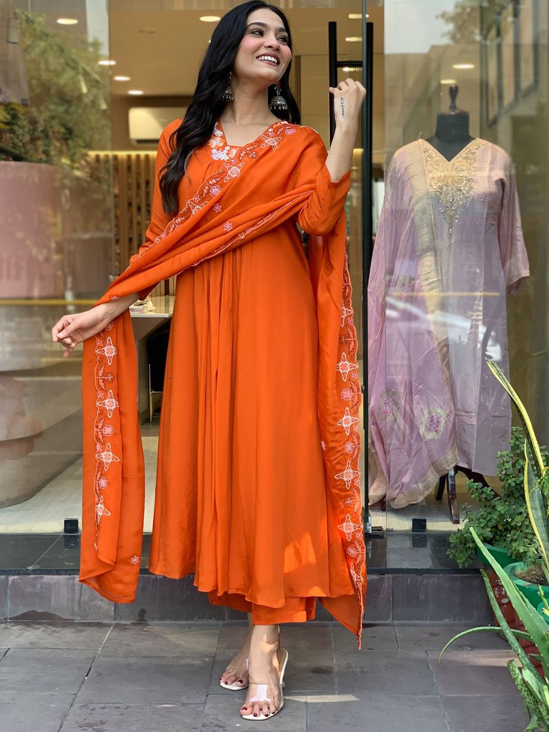 

KALINI Floral Embroidered Anarkali Kurta with Trousers & Dupatta, Orange