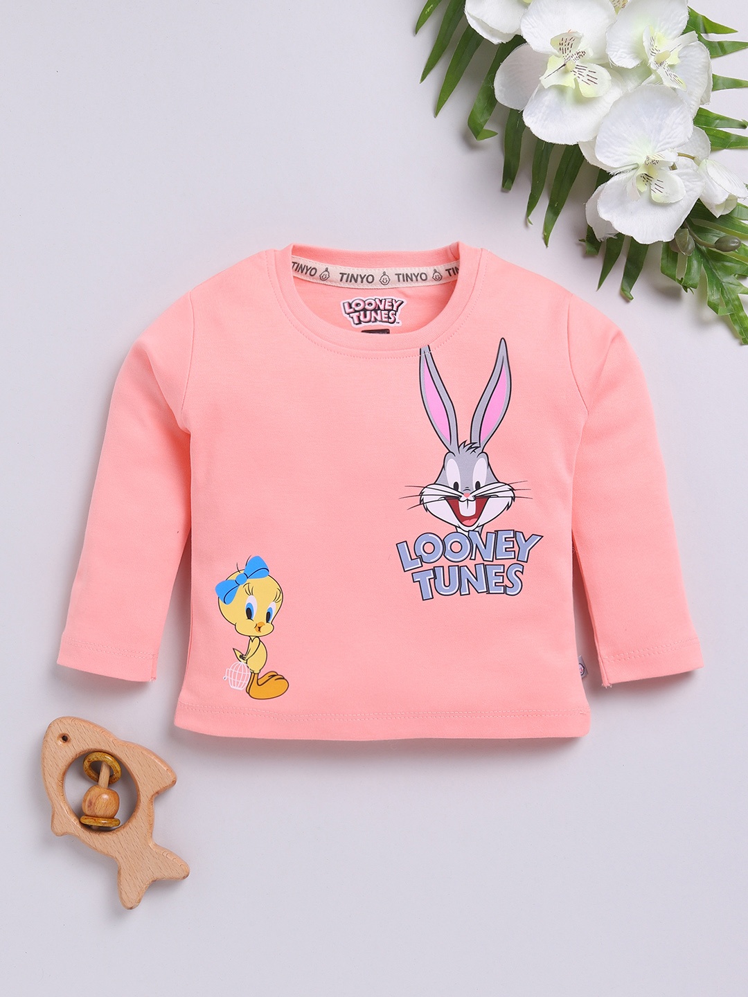 

YK X Tinyo Infant Girls Looney Tunes Printed Pure Cotton T-shirt, Peach