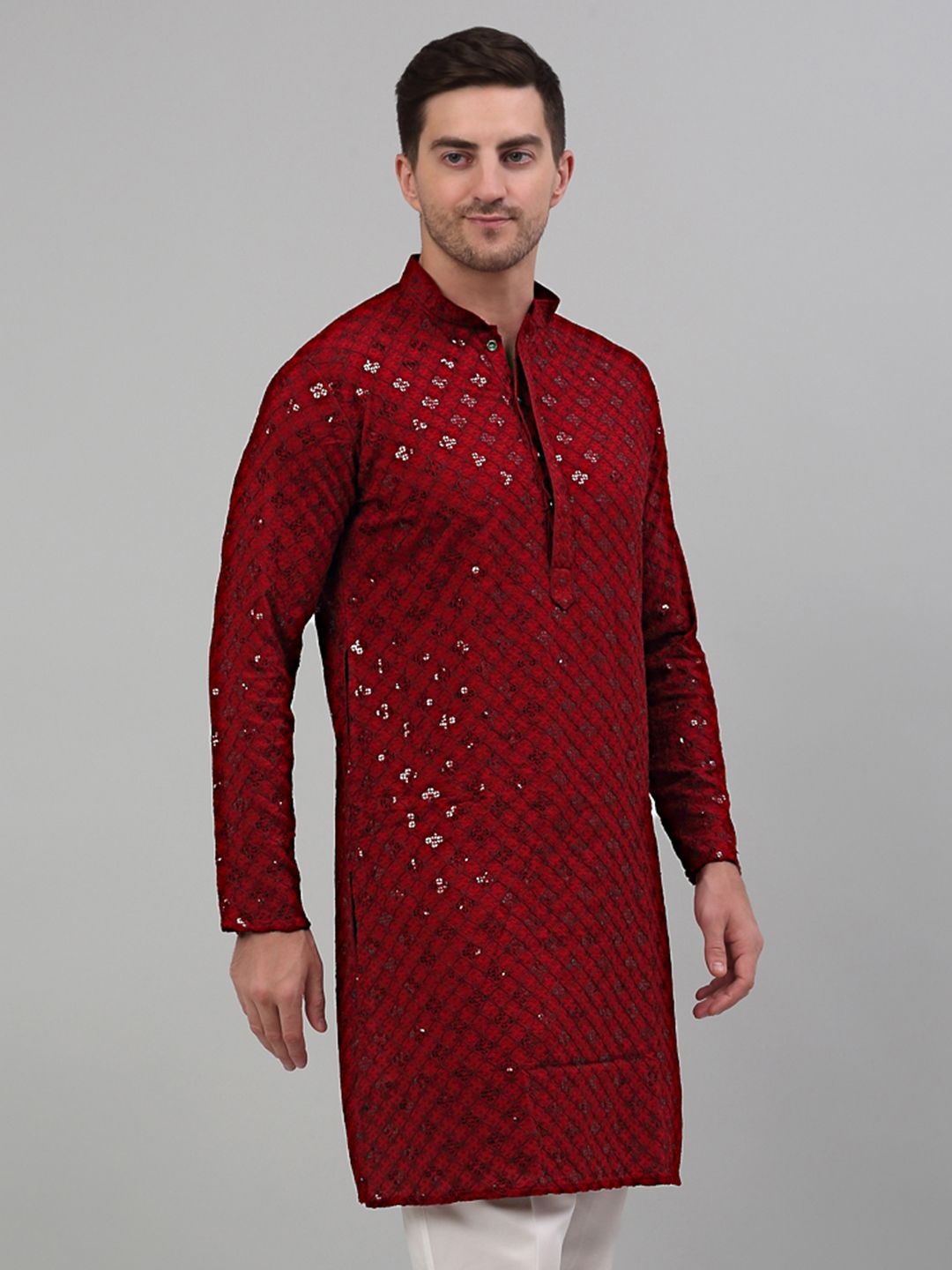 

Jompers Men Geometric Embroidered Sequinned Kurta, Maroon