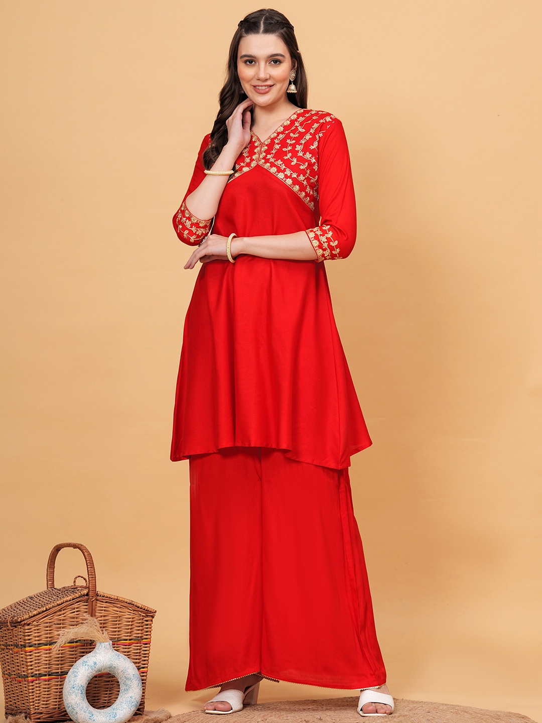 

kipek Women Embroidered Regular Kurta with Sharara, Red