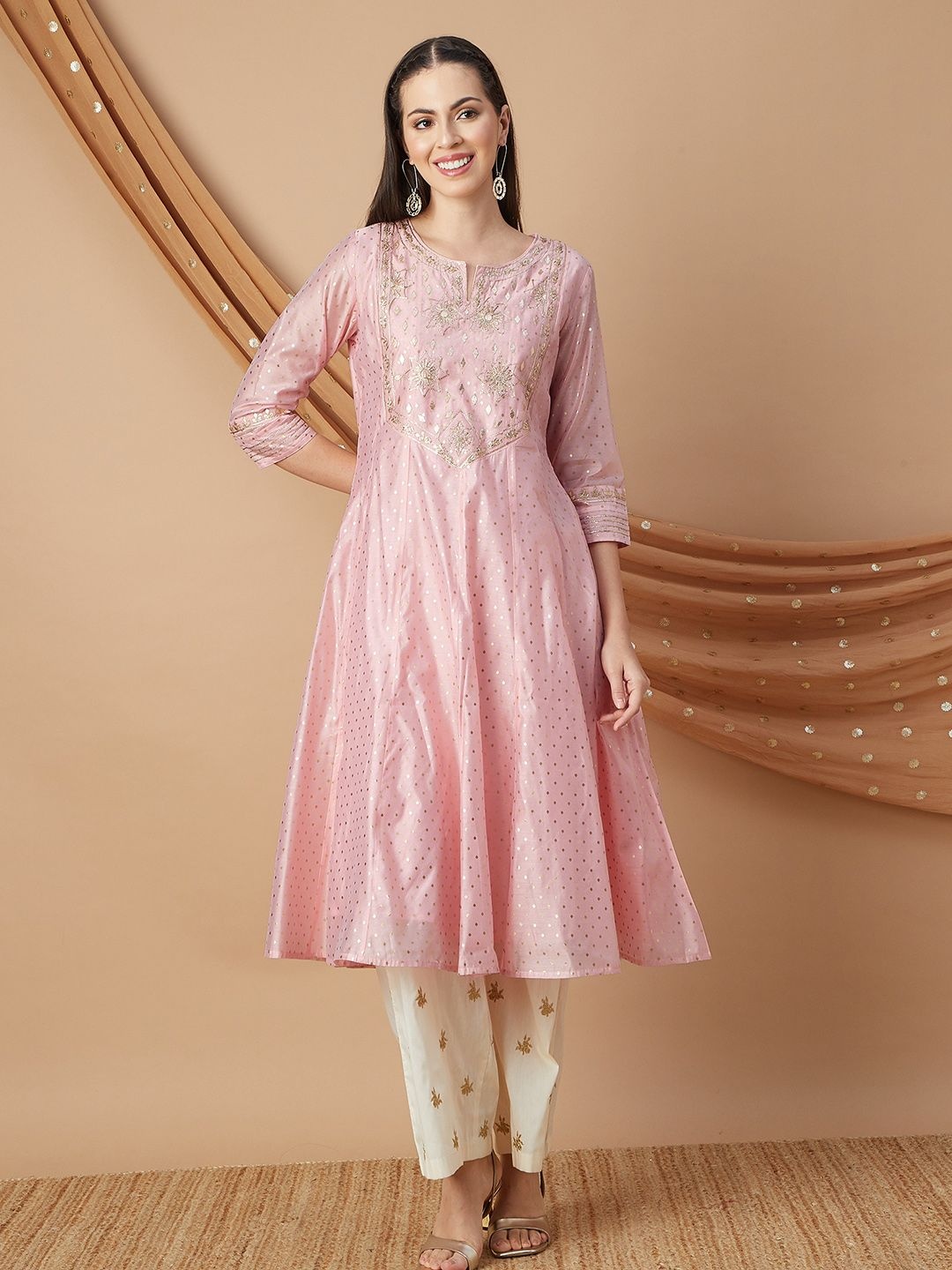 

Melange by Lifestyle Women Ethnic Motifs Printed Flared Sleeves Thread Work Anarkali Kurta, Peach