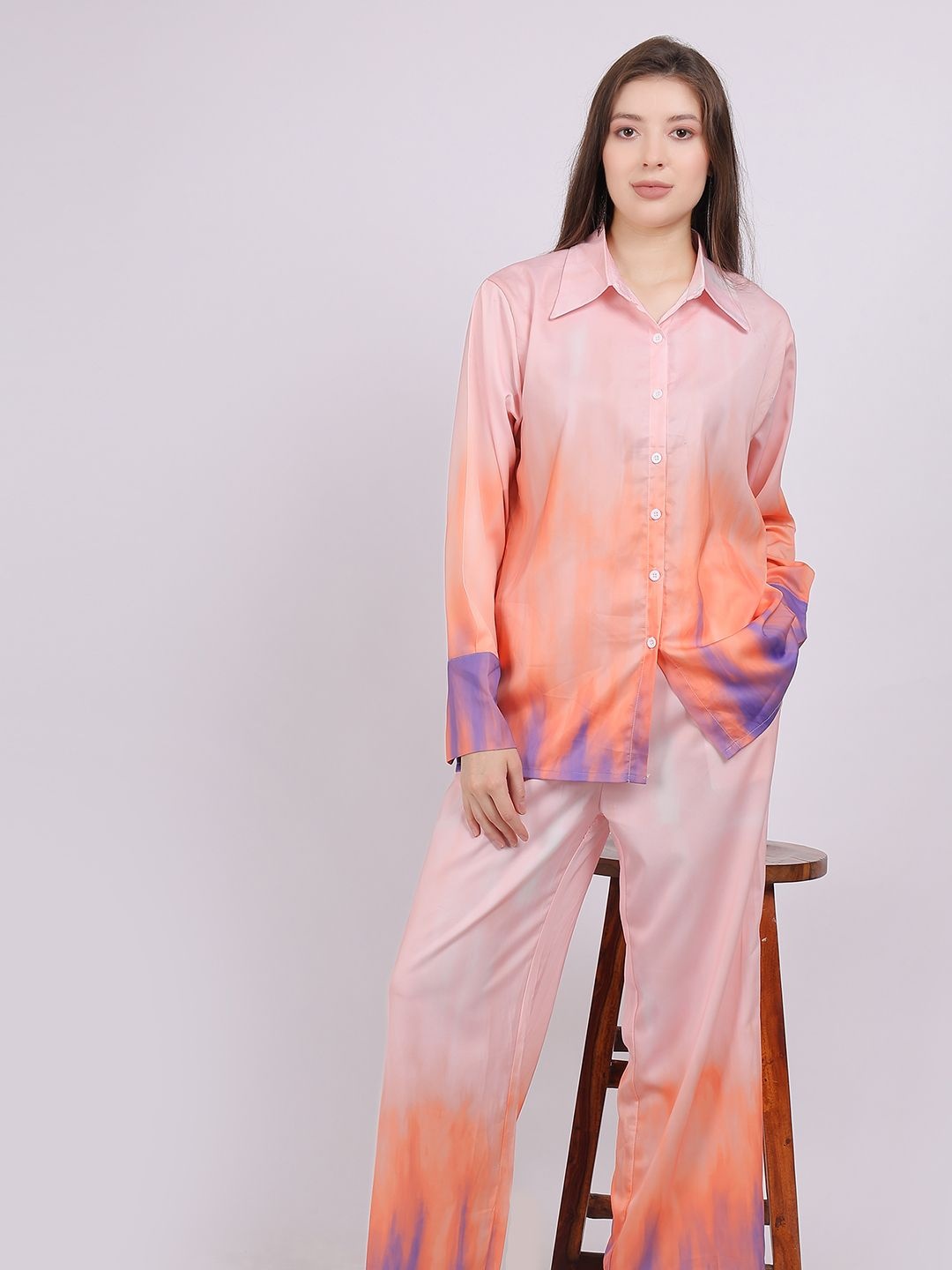 

Aumbe Shade Printed Shirt With Palazzo Co-Ords, Peach