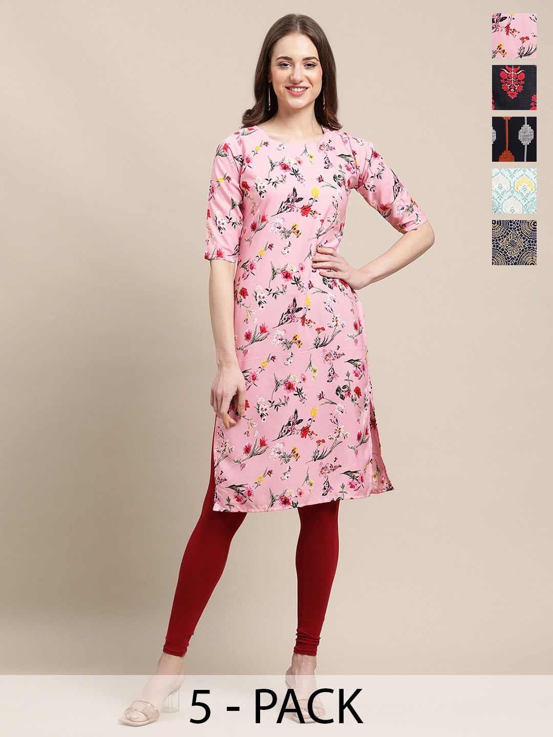 

7Threads Selection Of 5 Floral Printed Round Neck Crepe Straight Kurta, Pink