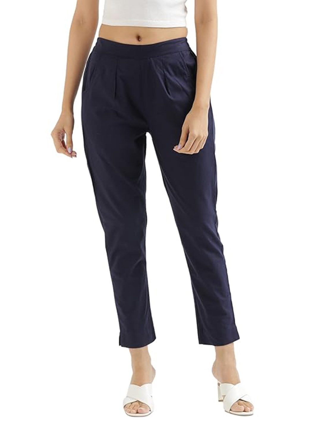

MIRAYYA Women Relaxed Straight Leg Easy Wash Mid-Rise Trousers, Blue