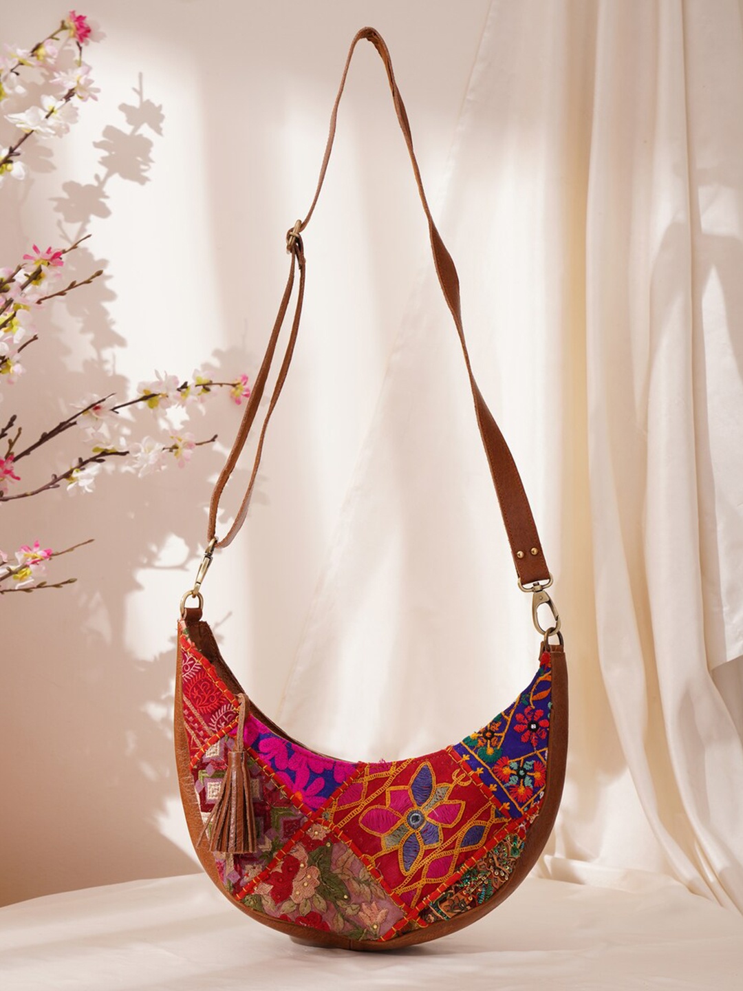 

JAYPORE Women Floral Printed Crossbody Leather Sling Bag, Brown