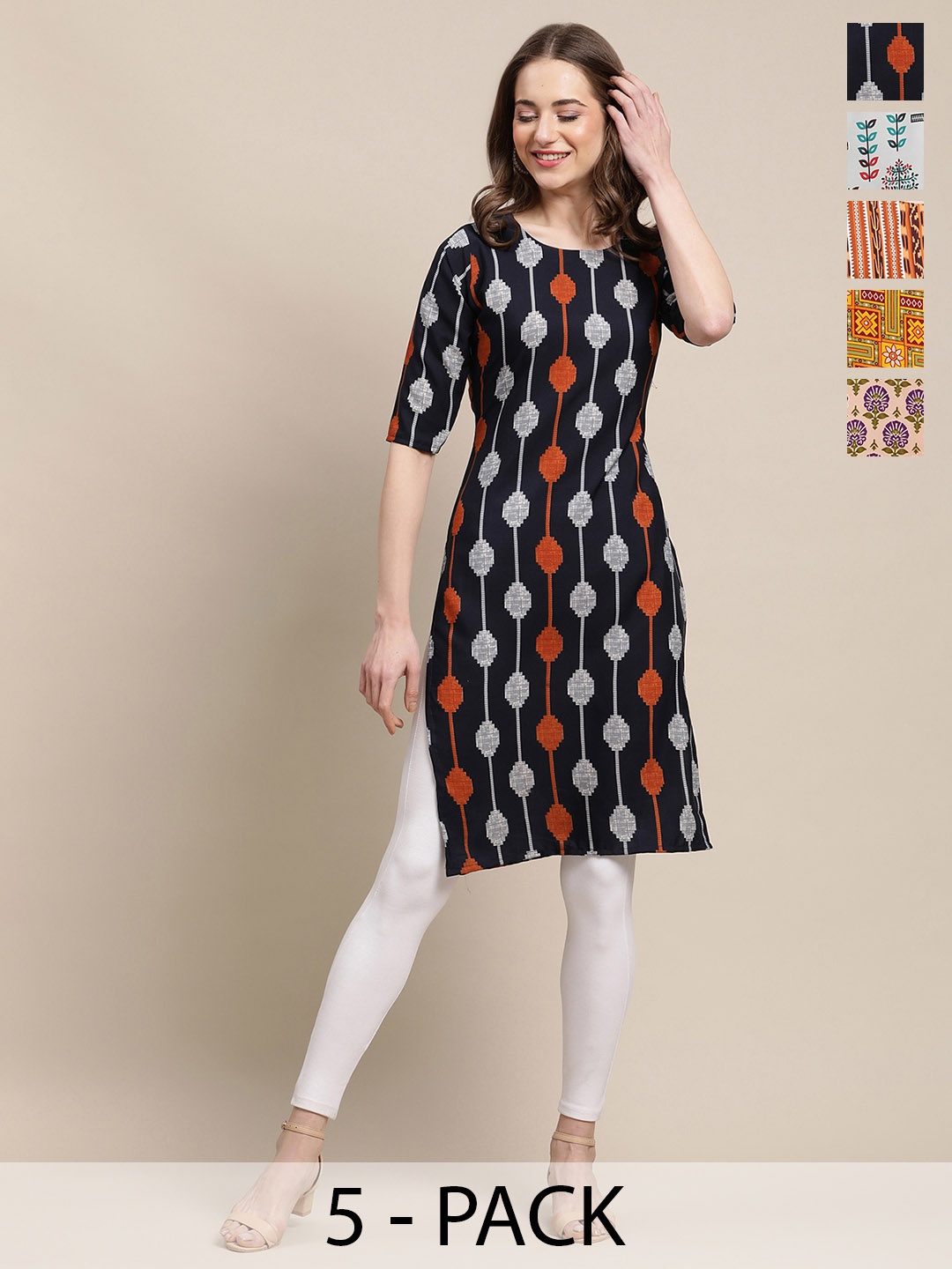 

7Threads Set Of 5 Geometric Printed Round Neck Machine Weave Straight Kurta, Black