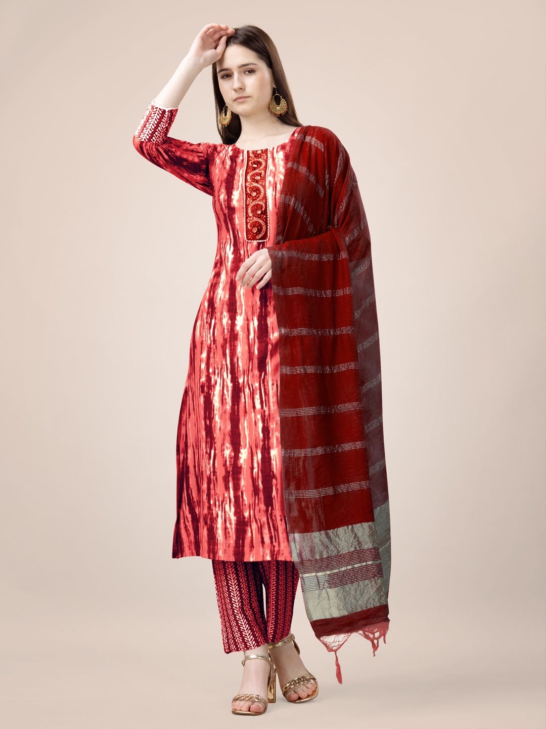 

HI FI NX Women Ethnic Motifs Embroidered Regular Kurta with Palazzos & With Dupatta, Orange