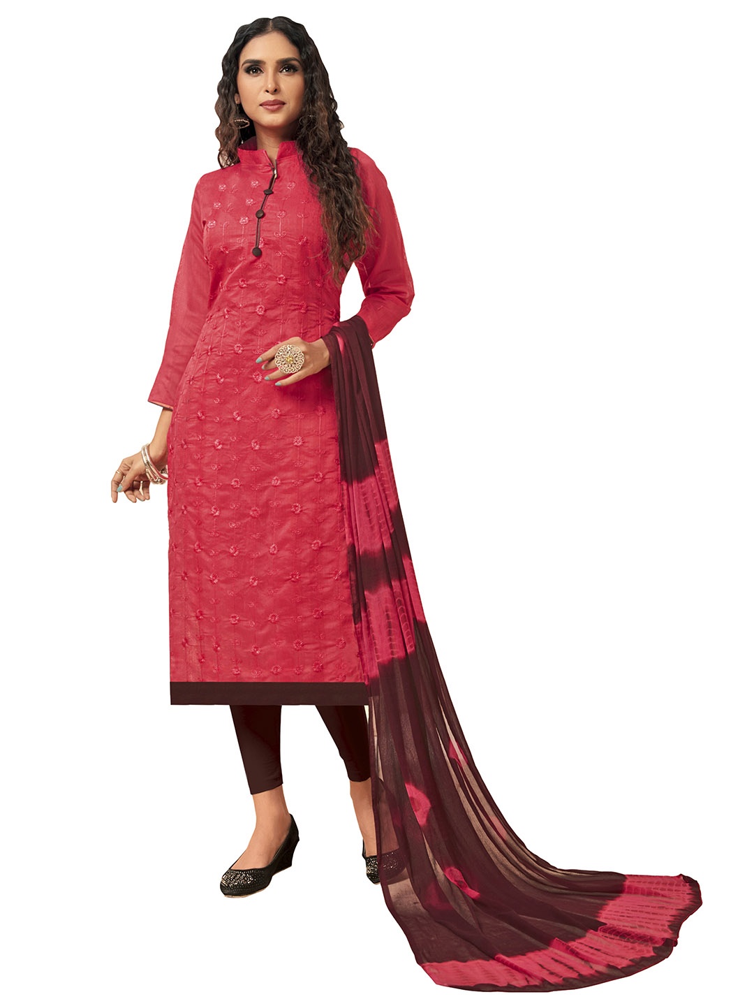 

Maroosh Floral Embroidered Unstitched Dress Material, Pink