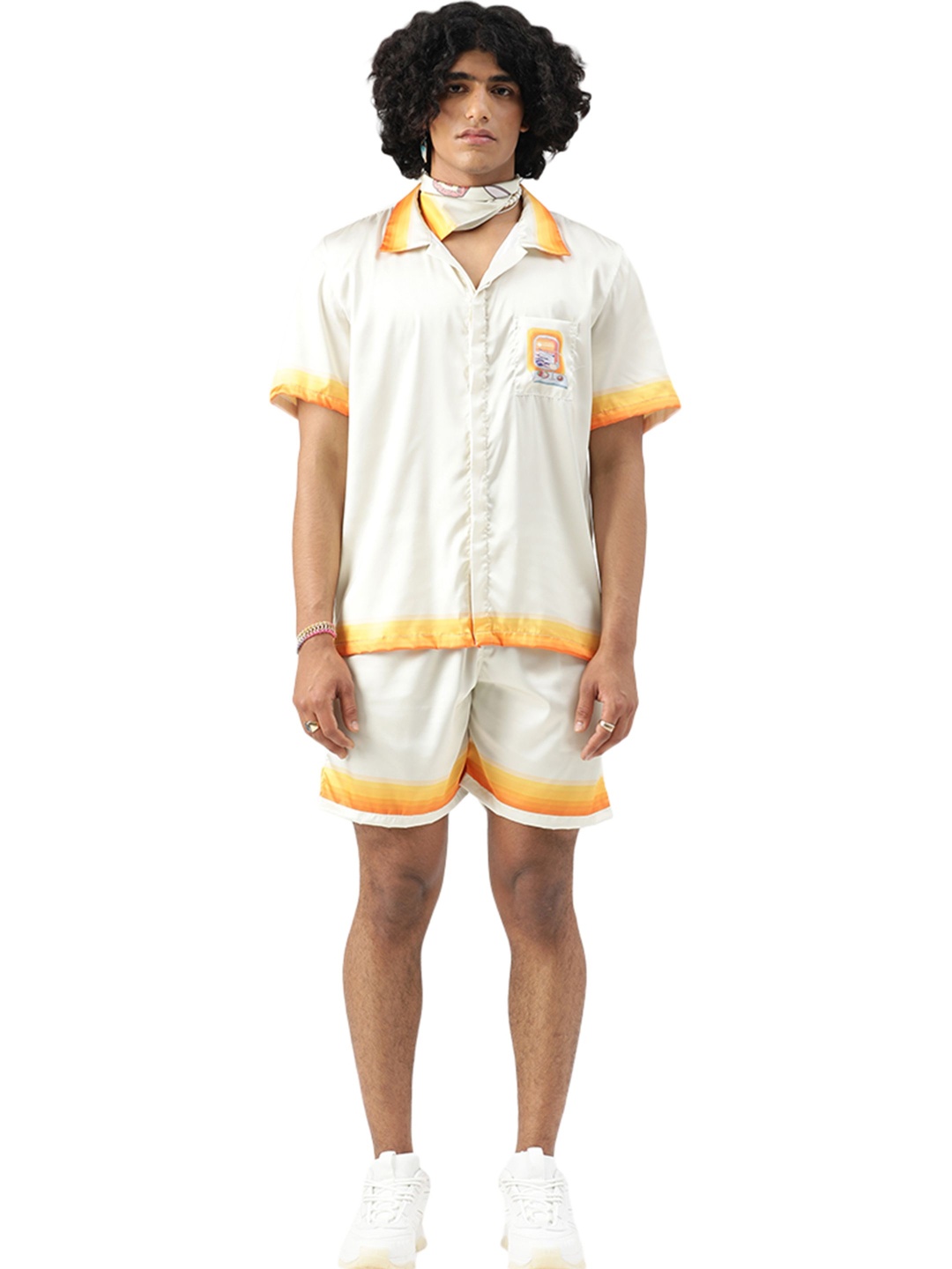 

CLUBHAVANA Horizon Printed Shirt Collar Premium Soft Satin Shirt With Shorts, Cream