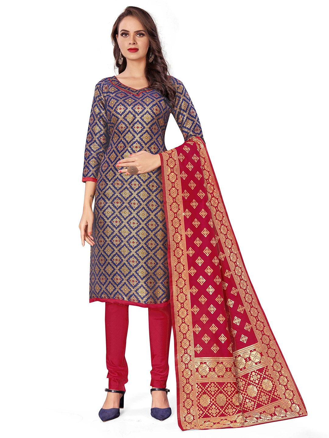 

Maroosh Floral woven design Banarasi Jacquard Unstitched Dress Material, Blue