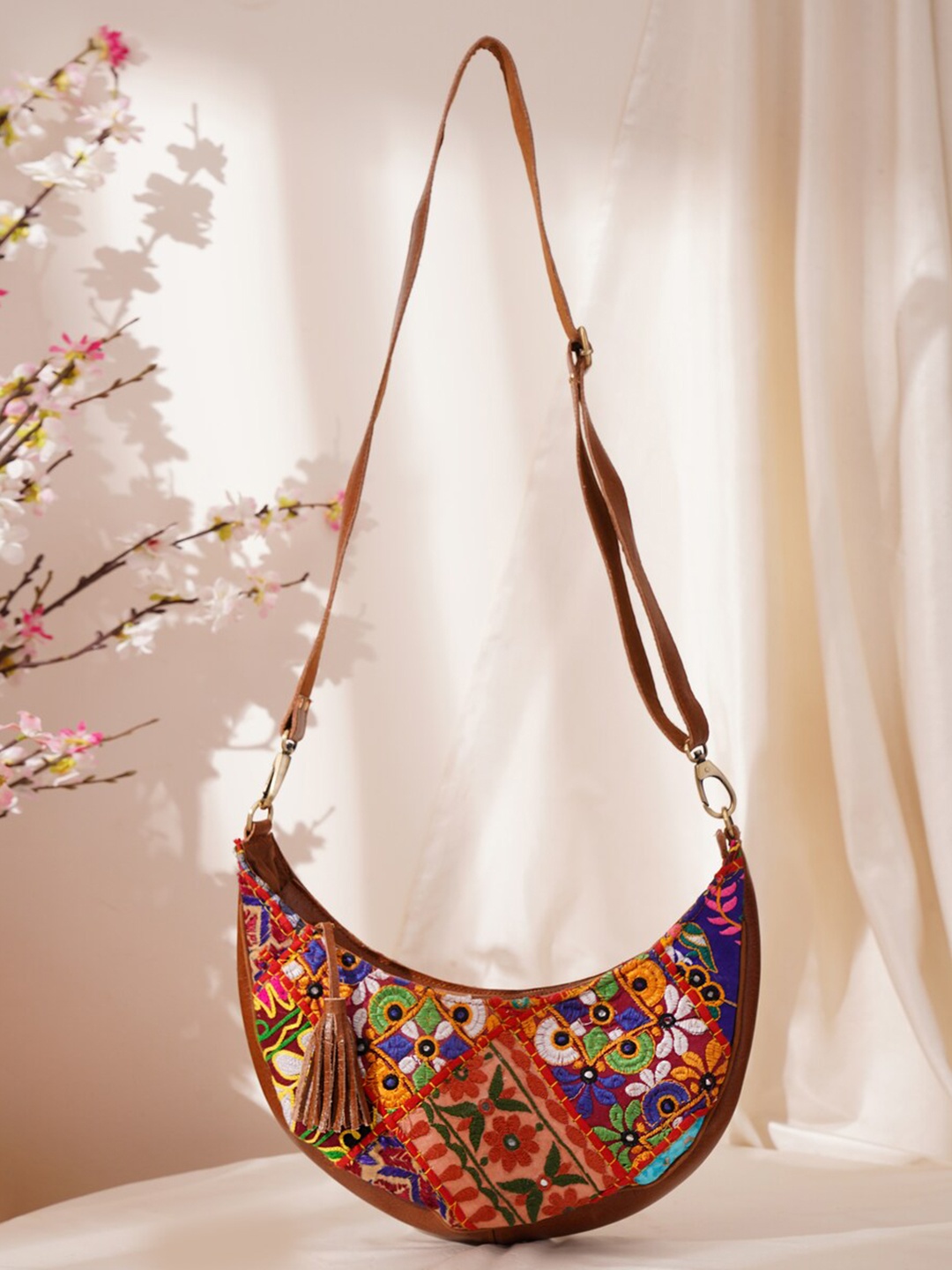 

JAYPORE Women Floral Printed Crossbody Leather Sling Bag, Brown