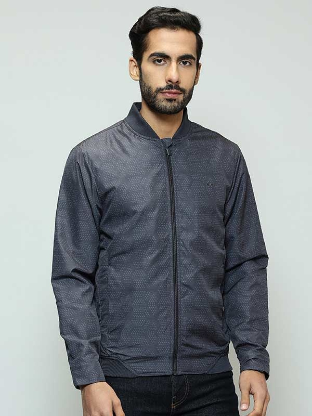 

Indian Terrain Men Stand Collar Geometric Printed Casual Insulator Bomber Jacket, Teal