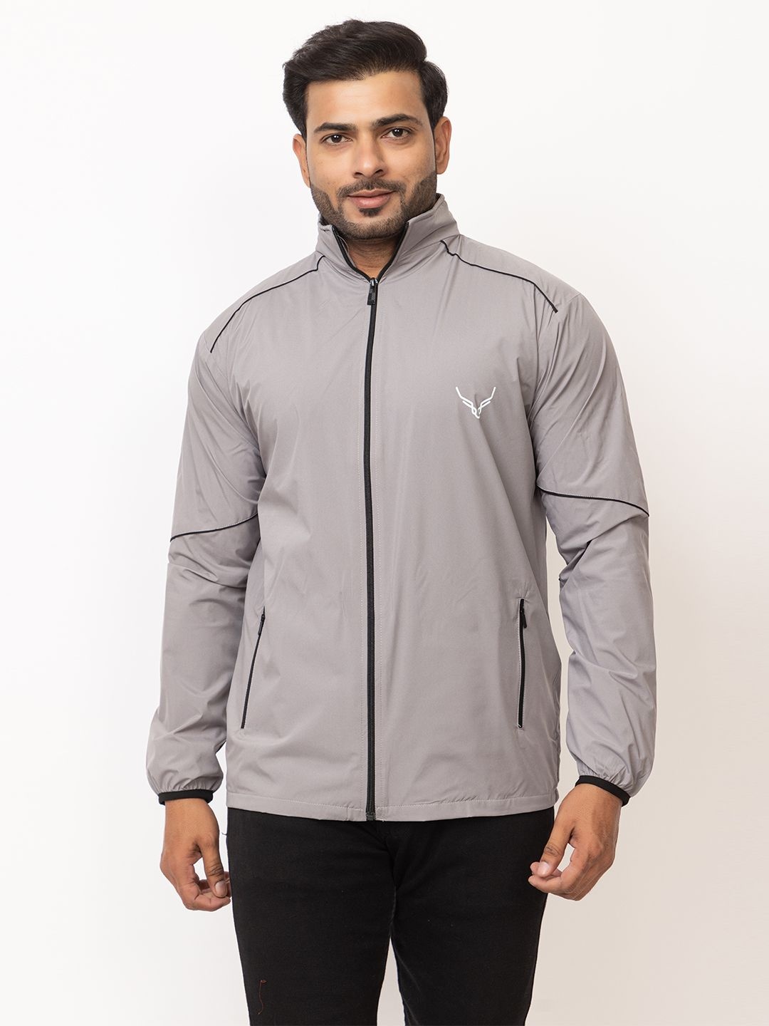 

BUFFARO Men Mock Collar Solid Casual Windcheater Bomber Jacket, Grey