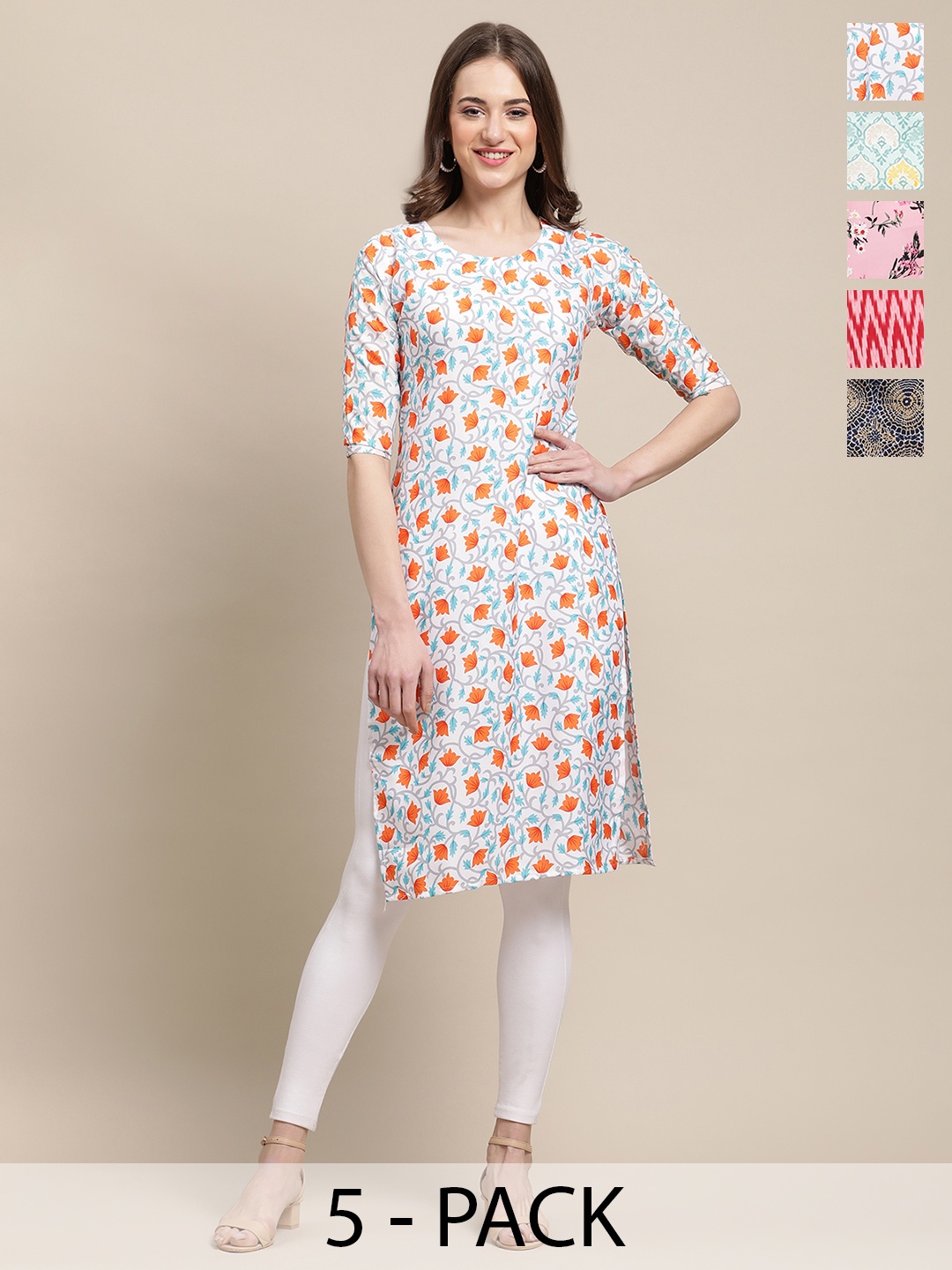 

7Threads Selection Of 5 Floral Printed Round Neck Straight Kurtas, White
