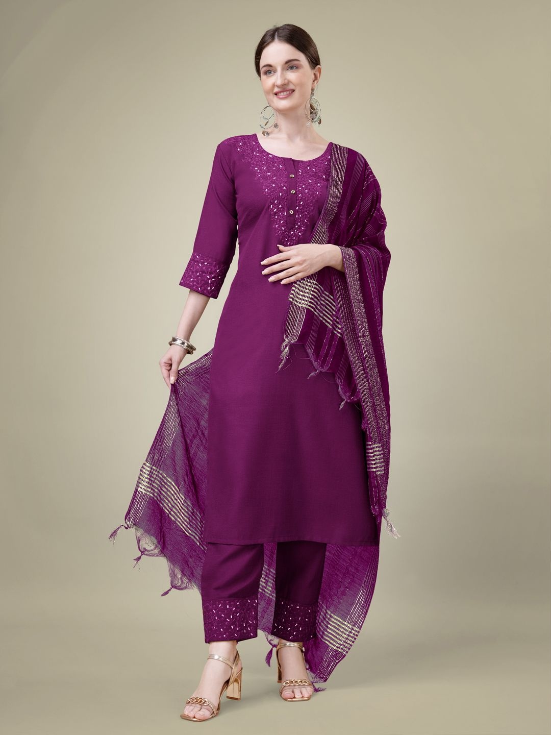 

HI FI NX Women Paisley Embroidered Regular Kurta with Trousers & With Dupatta, Purple