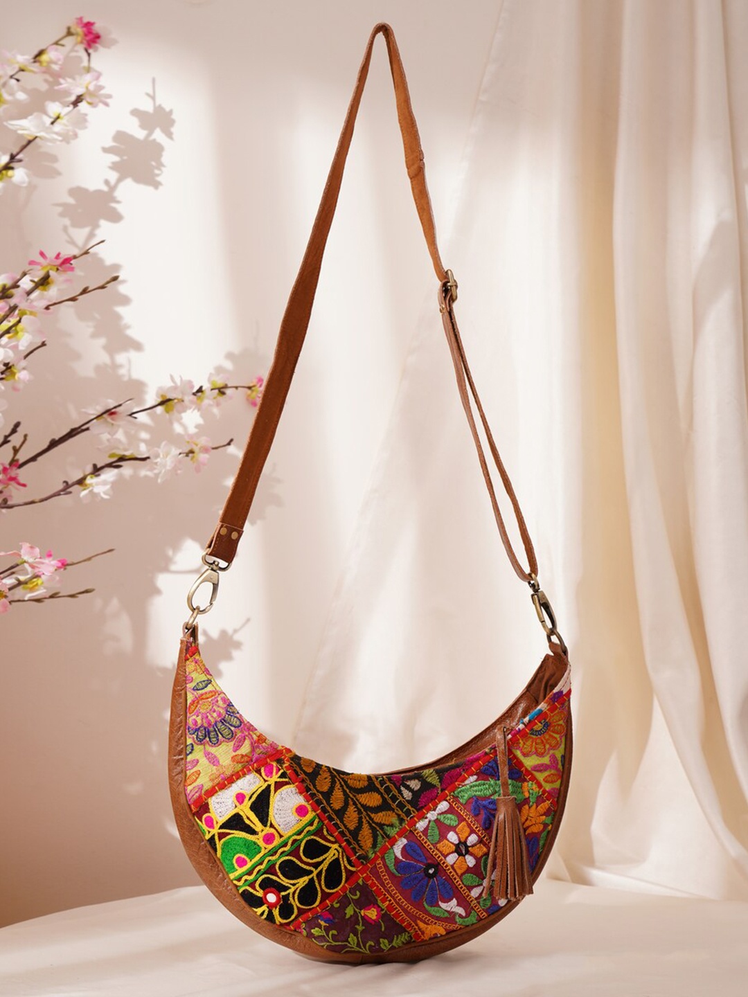 

JAYPORE Women Floral Printed Crossbody Leather Sling Bag, Brown