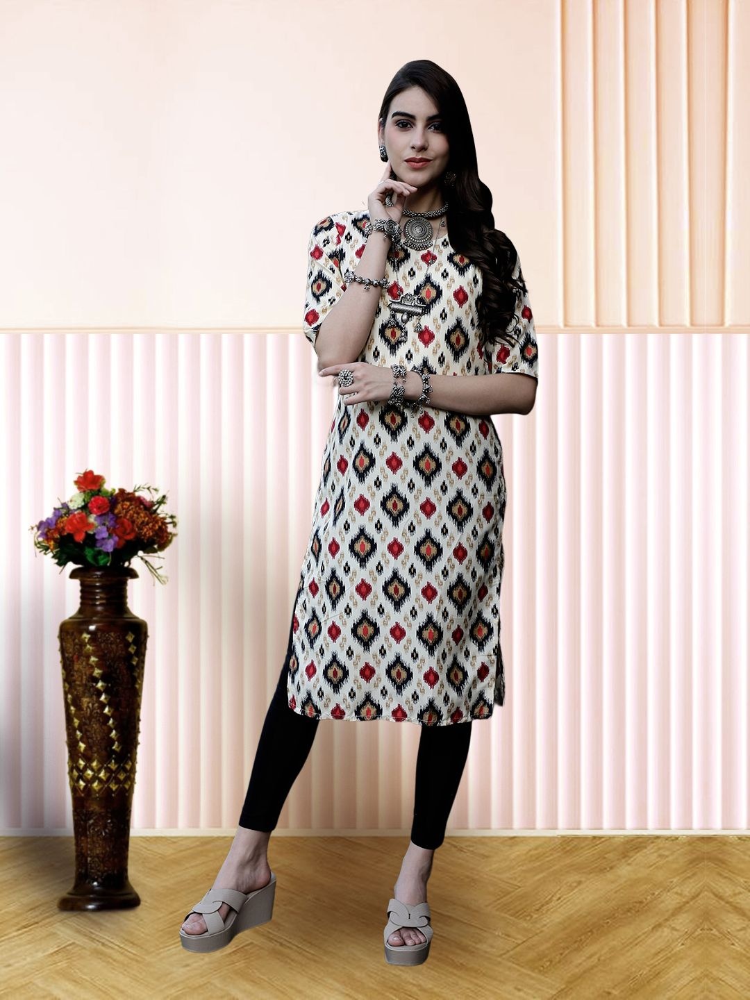 

7Threads Women Ethnic Motifs Printed Floral Crepe Kurta, Cream