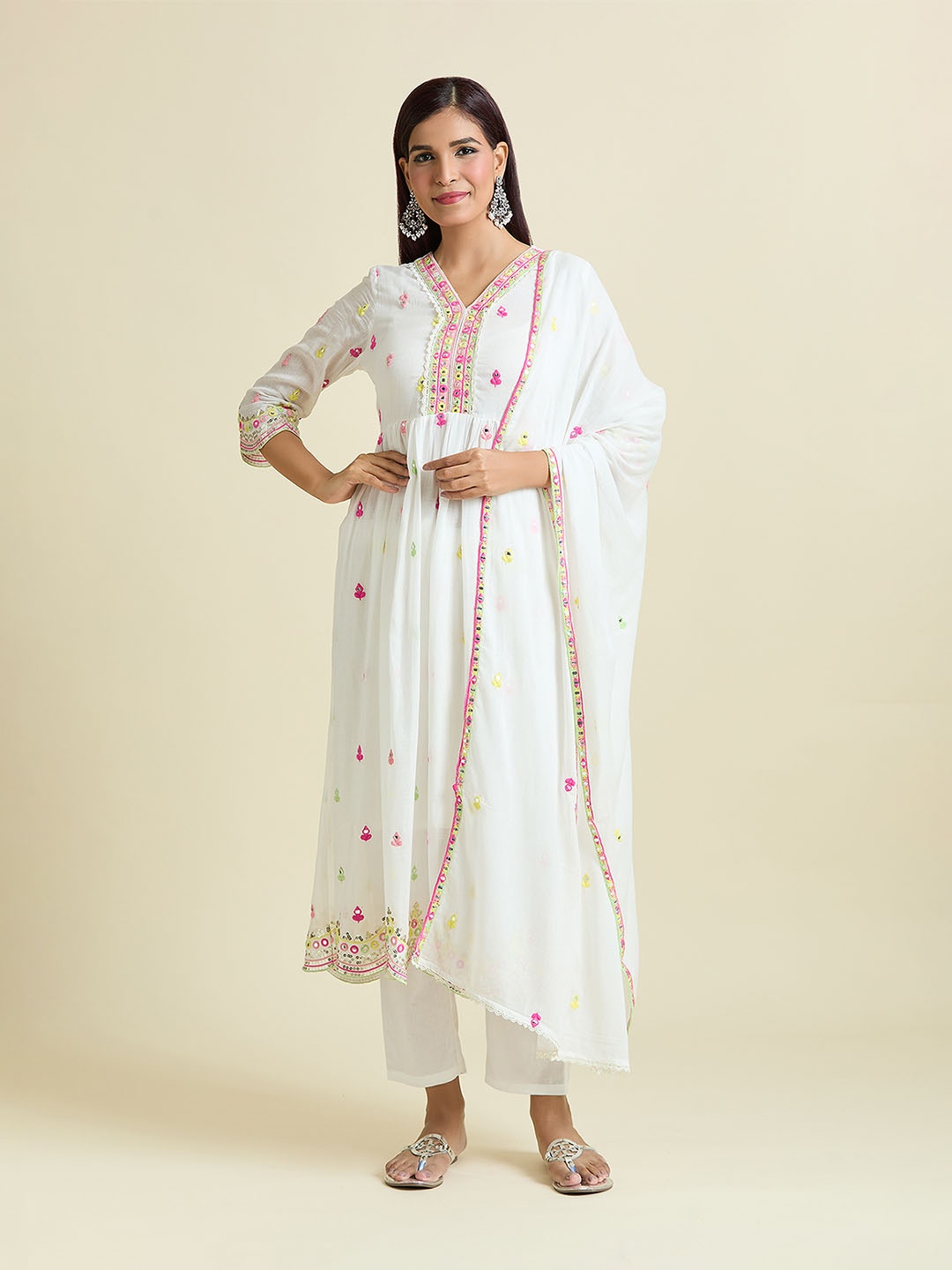 

Samyukta Singhania Women Ethnic Motifs Embroidered Empire Mirror Work Pure Cotton Kurta with Trousers & With, White