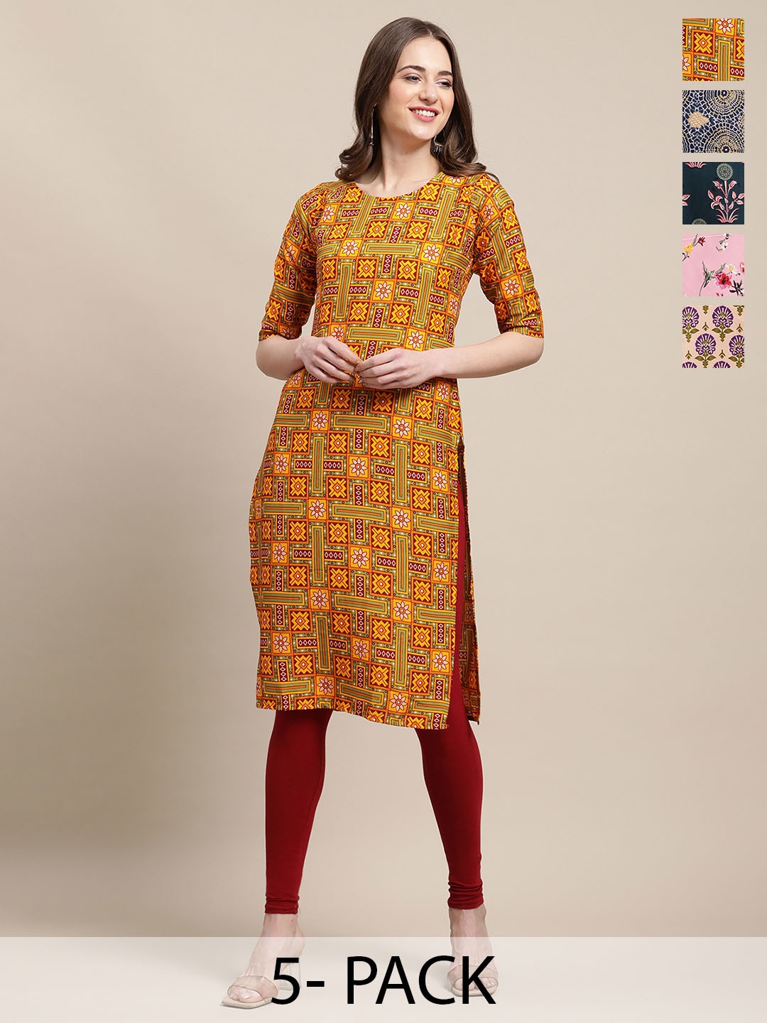 

7Threads Selection Of 5 Ethnic Motifs Printed Straight Kurtas, Yellow